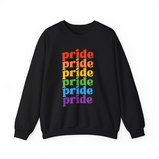 Pride Rainbow Crewneck Sweatshirt — Repeated 'pride' Retro Rainbow Tee for LGBTQ+ Celebration